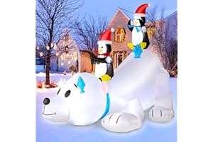 FUNFANSO 6FT Christmas Inflatable Polar Bear with Penguins Outdoor Decorations, Blow up 2 Penguins Fishing on Big Polar Bear with Bright LED Lights for Xmas Decor Outside Indoor Yard Garden Lawn Holiday Party