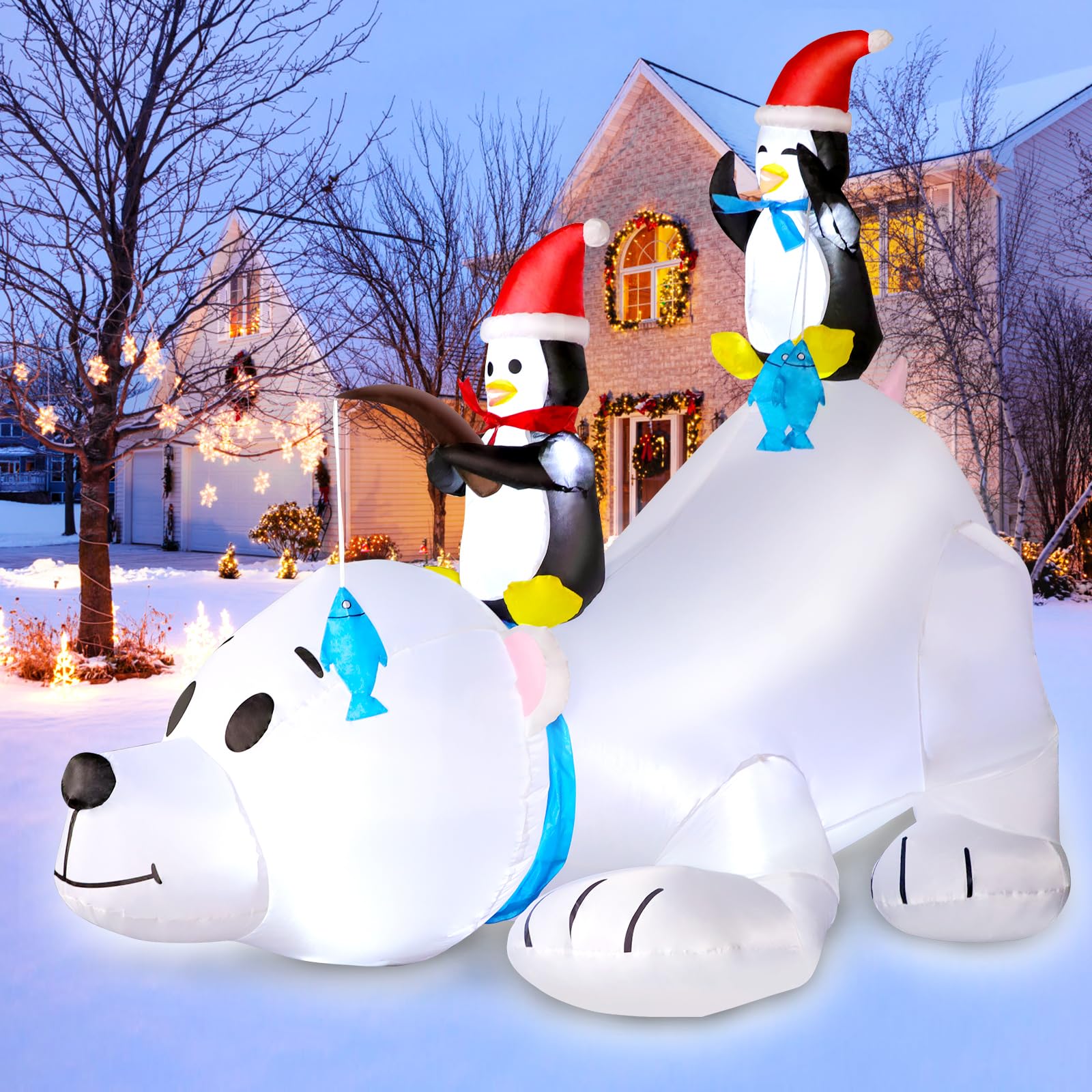 Photo 1 of 6FT Christmas Inflatable Polar Bear with Penguins Outdoor Decorations, Blow up 2 Penguins Fishing on Big Polar Bear with Bright LED Lights for Xmas Decor Outside Indoor Yard Garden Lawn Holiday Party