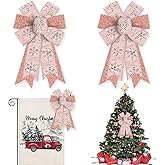 Glodecart 2PCS Christmas Bow for Wreath, Glitter Pink Snowflakes Wreath Bow for Christmas Décor Winter Bow for Front Door Indoor Outdoor Wall Tree Topper Decoration Supplies Xmas Hanging Ornament