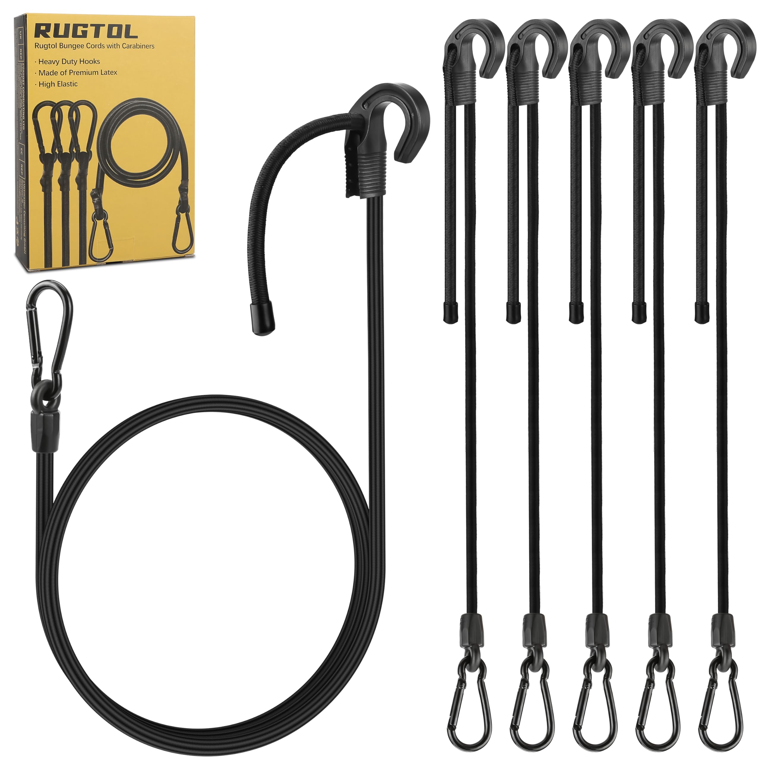 Bungee Cords with Hooks, Upgrade 120 cm Adjustable Bungee Cords with Carabiner Clip Outdoor, Easy to Adjust from 17 to 120 cm Rubber Black Elastic Bungee Straps with Clip for Secure, Tarps, 6 Pack