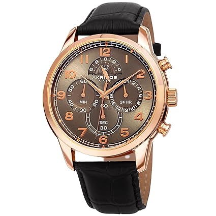 Akribos XXIV Mens Quartz Chronograph Rose-Tone and Black Leather Strap Watch - Ak1004Rgbk