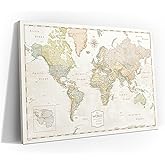 Conquest Maps World Travel Map with Pins Desert Sunrise Style Push Pin Travel Map Cork Board, Track Your Travels w/a Handmade Unique Canvas Pinable Map (24" x 16")