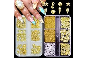 SHUXILIN 2Boxes Summer Steel Studs Metal Pearls Nail Gems Charms Metal Small Seashell Starfish Alloy Seahorse Nail Rhinestones Charms for Acrylic Nail Art Marine Theme Nail Supplies for Women Manicure