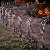 Outus 34 Pcs Halloween Fence Outdoor Decorations Skeleton Hand Stake Kit | Halloween Cemetery Fence Decor 8 Realistic Skull Hands with 32.8ft Chain and LED Lights Halloween Yard Decor for Lawn Pathway