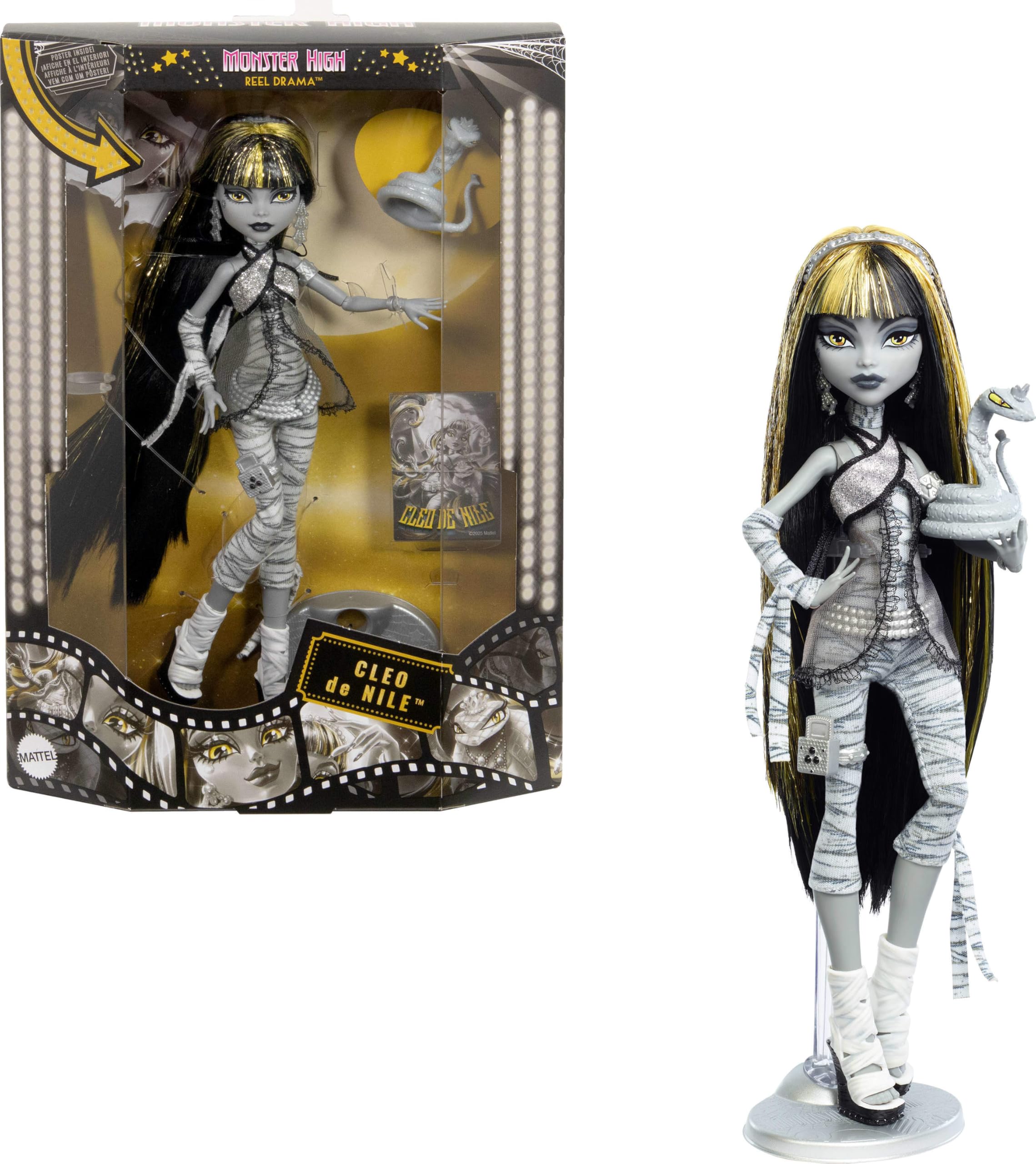 Photo 1 of Monster High Reel Drama Doll, Cleo De Nile Black and White Reproduction Collectible with Doll-Size and Life-Size Posters, Horror Flick Theme, and Pet