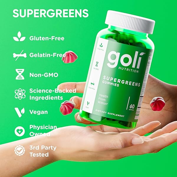 GOLI SUPERGREENS VITAMIN GUMMY – 120 COUNT – ESSENTIAL VITAMINS AND MINERALS – PLANT-BASED, VEGAN, GLUTEN-FREE & GELATIN FREE – HEALTH FROM WITHIN, PACK OF 2