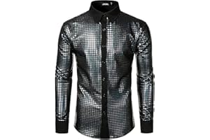 JOGAL Men's 70s Costume Rainbow Sequins Disco Party Dress Long Sleeve Button Down Shirts