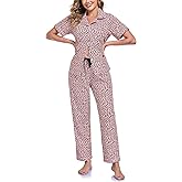 COLORFULLEAF Women‘s 100% Cotton Pajama Set Button-Down Printed Sleepwear 2-Piece PJs with Short Sleeve Top & Long Pants