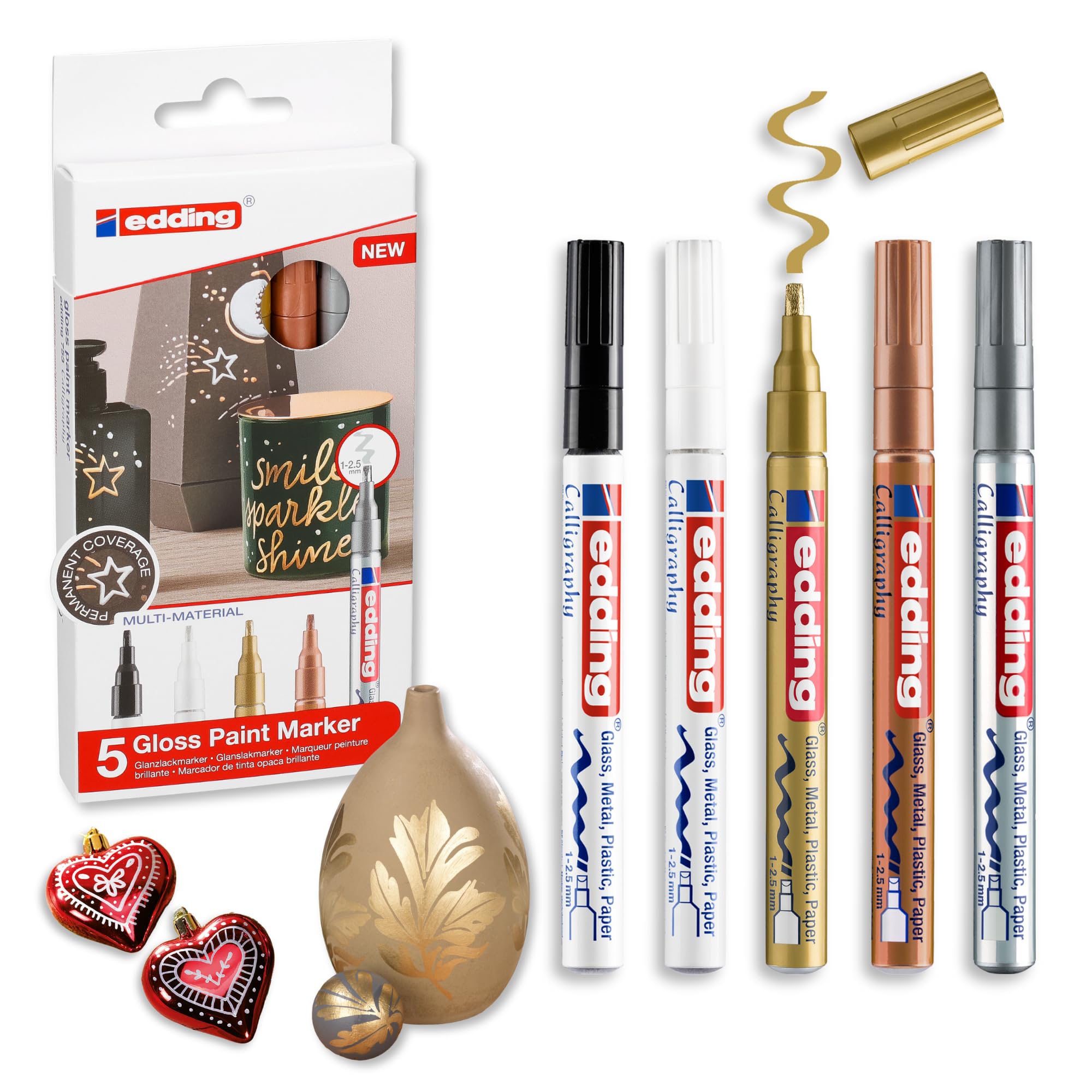edding 753 gloss paint marker calligraphy - multi-coloured - 5 paint markers - calligraphy nib 1-2.5 mm - for glass, stone, plastic, paper - waterproof, highly opaque - bullet journals, hand lettering