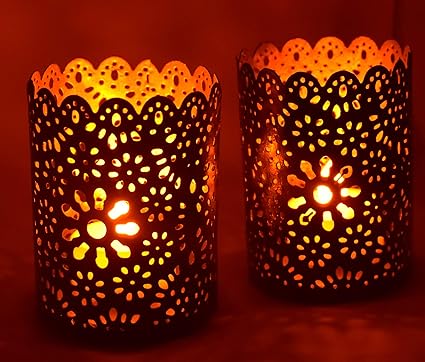Urvi Creations Set of 2 Shadow Flower Metal Iron Brass Tea Light Holder 5 for Diwali Decoration Gift