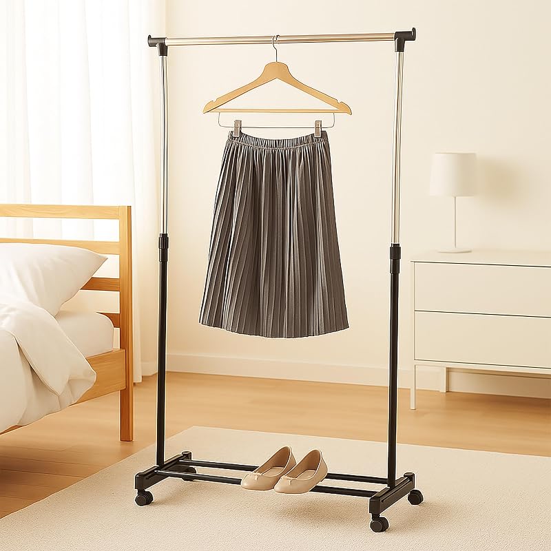 Cabide, ajustável de 90 a 158 cm, com rodas, prateleira, até 15 kg, suporte de roupa, prateado/preto