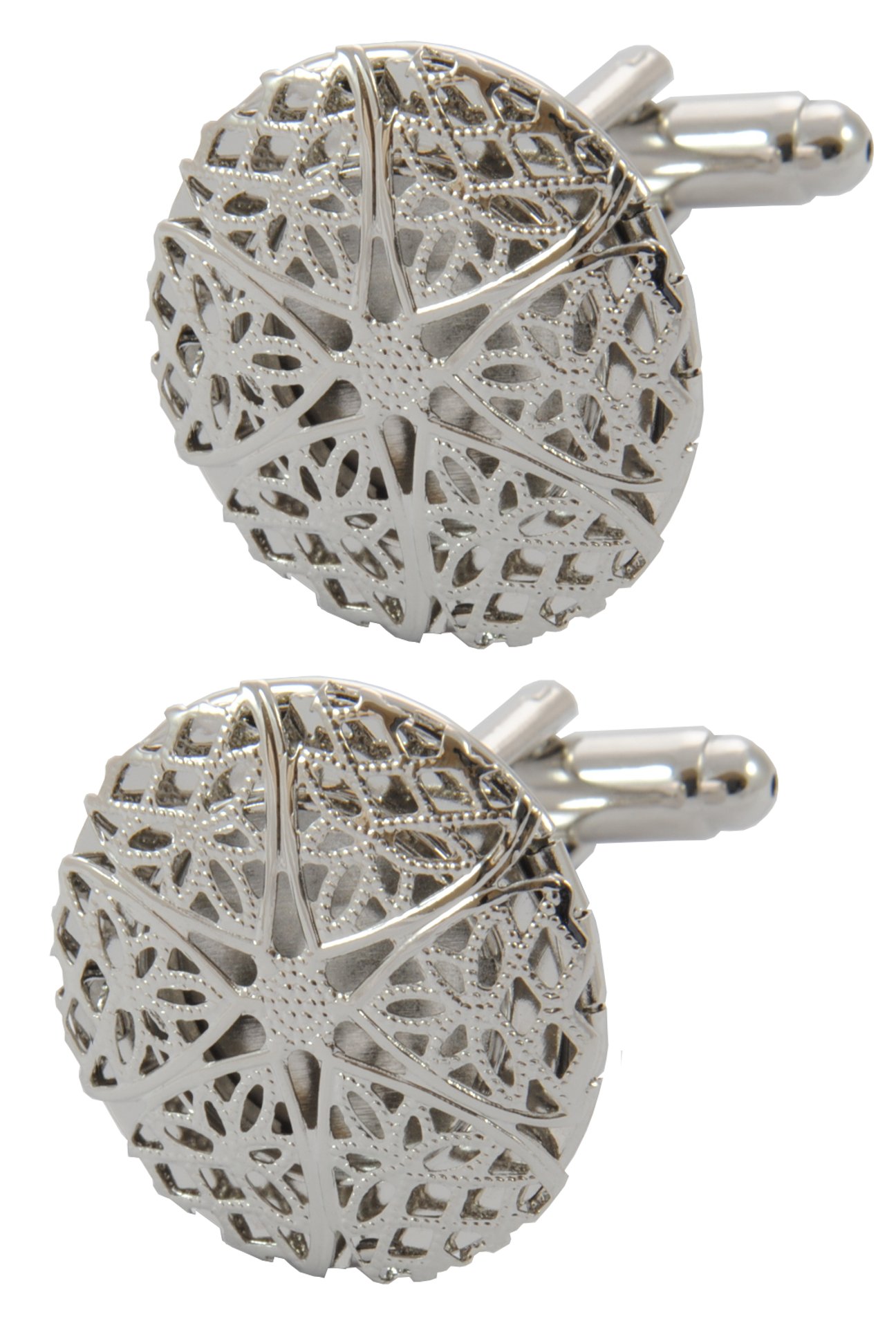 Cufflinks for Men + Presentation Box - Silver Colour - Filigree Locket Opening - Brass Metal - Art Design Keepsake Round - One Pair