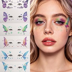 Glitter Butterfly Face Tattoos Sticker 6PCs Face Glitter Colorful Eye Freckle Butterfly Rave Accessories Moon Star Heart Make