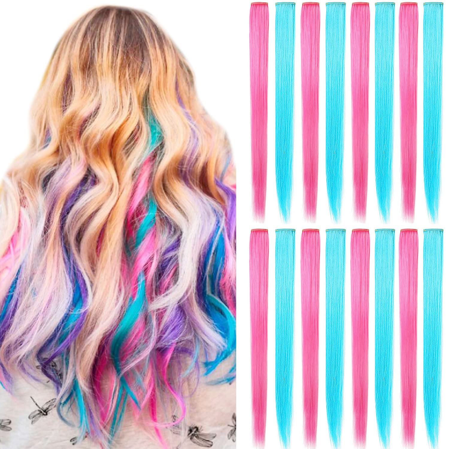 MQY COLOR 16 PCS 21 Inches Multi Colored Hair Extensions Clip in Kids Blue Pink Hairpieces Party Highlights DIY Hair Accessories for Girls Women (Sky blue+Hot pink)