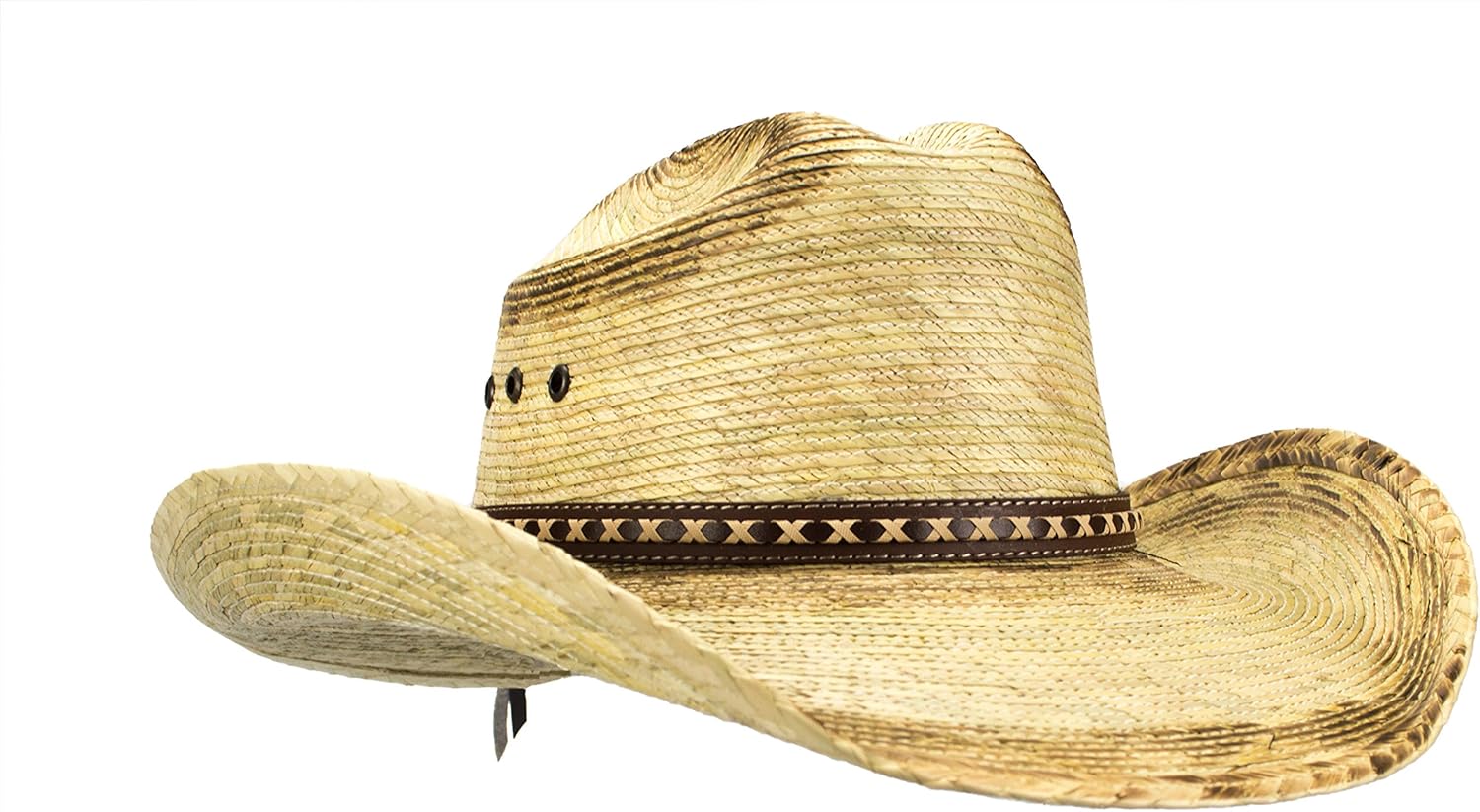 Large Mexican Palm Leaf Cowboy Hat Sombreros Vaqueros de Palma de Hombre, Flex Fit (Burnt Stain
