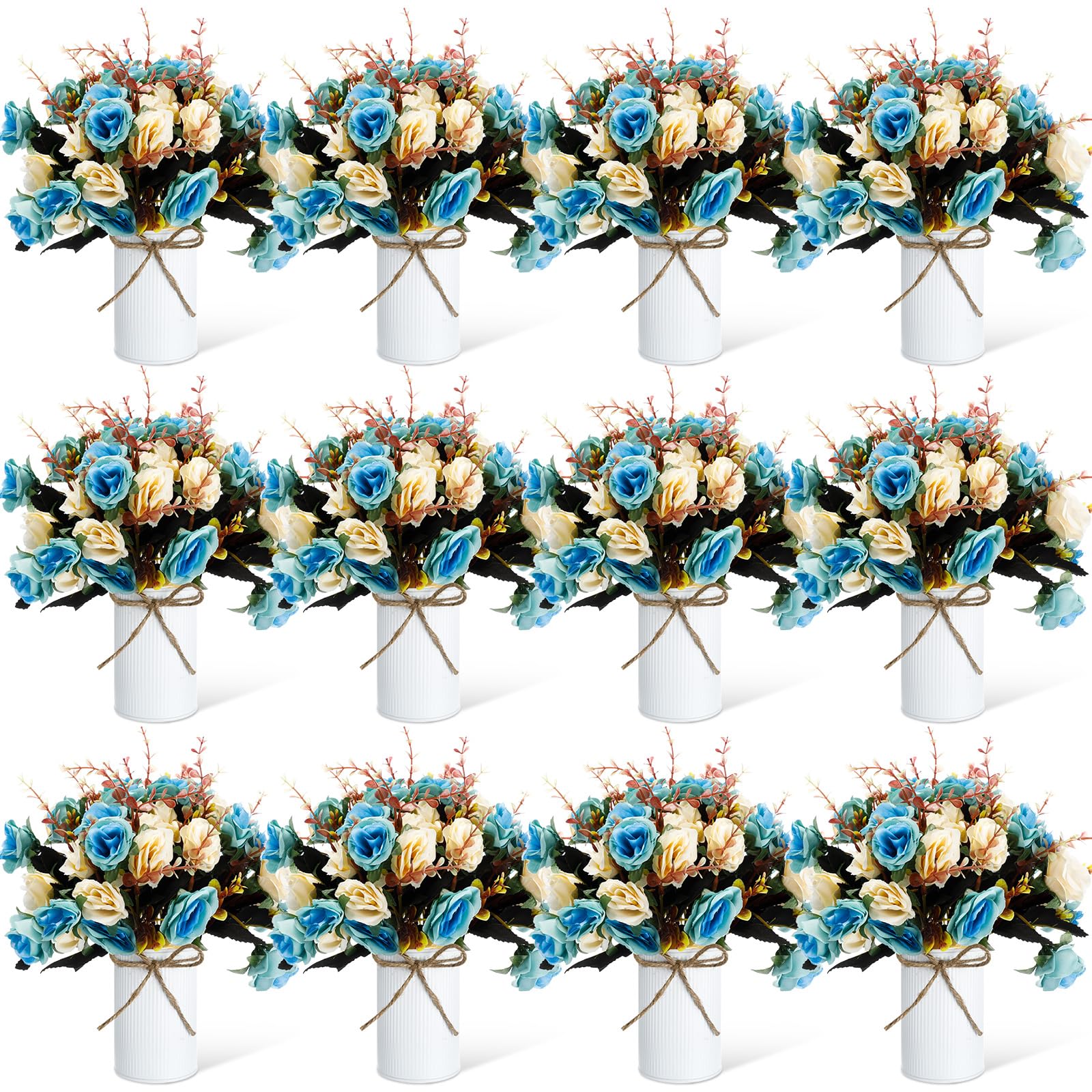 Photo 1 of Domensi 12 Sets Wedding Centerpiece for Table Artificial Rose with Vase Fake Bouquets and Metal Pot Floral Arrangements for Holiday Party Event Table Decor (Teal)