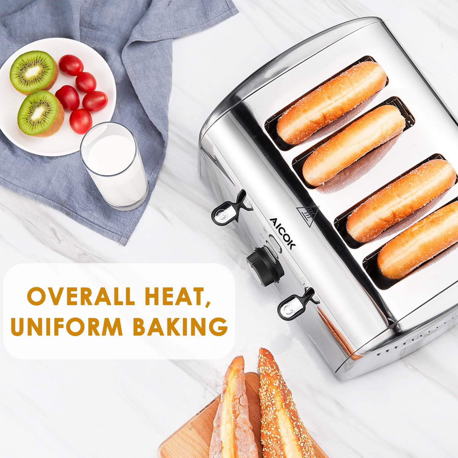 AICOK 4Slice Toaster 18/10 Stainless Steel 7Shade Setting&2Minutes