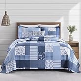 PANGUSHAN 100% Cotton Queen Quilt Bedding Set, Quilt Queen Size, Floral Patchwork Quilted Bedspread, Lightweight Comforter Queen Bed Spread for All Season, 3pcs, Blue/White