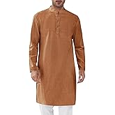 Runcati Mens Kaftan Thobe Textured Henley Shirt Long Sleeve Robe Casual Muslim Gown Shirt