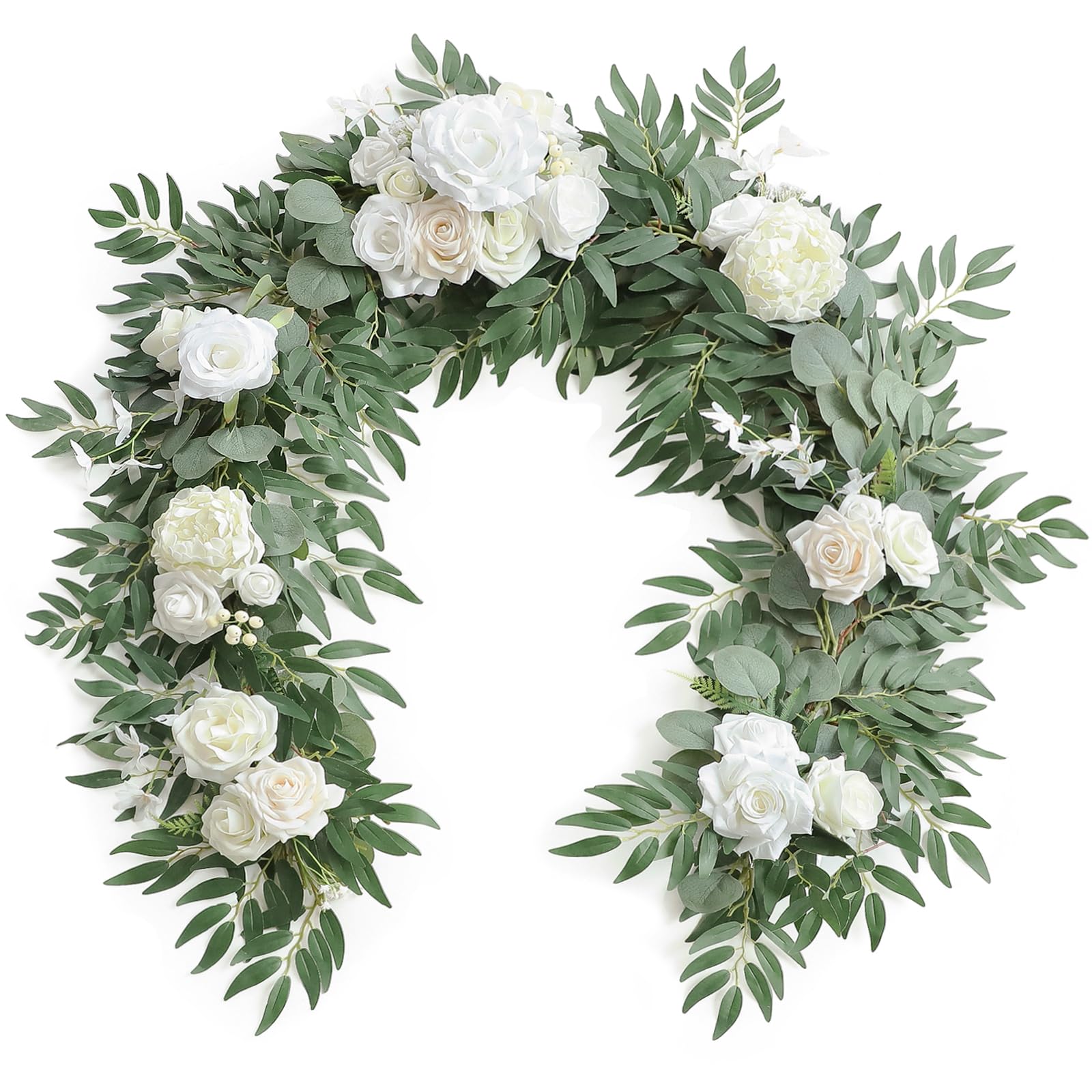 Photo 1 of Floroom 6ft Artificial Eucalyptus Garland with Flowers Fake Greenery Faux Floral Vine Garland for Table Decor Wedding Centerpieces Bridal Shower Party Decorations, Ivory White