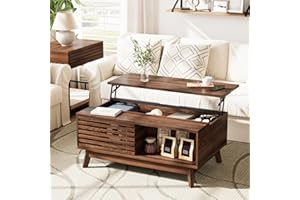 HAIOOU Lift Top Coffee Table, Mid Century Modern Coffee Table with Storage for Living Room, Walnut Coffee Tables with Sliding Fence Door, 35.4'' Rectangular Fluted Center Table (Brown)