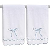 CASYUNE 100% Cotton Scalloped Hand Towels 600 GSM Embroidered Soft Absorbent Decorative Bath Towels for Bathroom Hotel Spa Yoga Sport Bow Blue 2-Pack 27" L x 16" W
