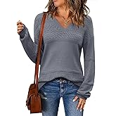 Zeagoo Womens 2026 Fall Sweaters Casual Long Sleeve Ribbed Knit Pullover V Neck Lightweight Crochet Pullover Sweater Top
