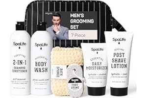 SpaLife 7-Piece Men's Body Care Gift Set | Mens Gift Set with 2-in-1 Shampoo & Conditioner, Body Wash, Moisturizer, Post-Shave Lotion, Sponge & Foot Stone | Christmas Gifts for Men | 7-Piece Bundle