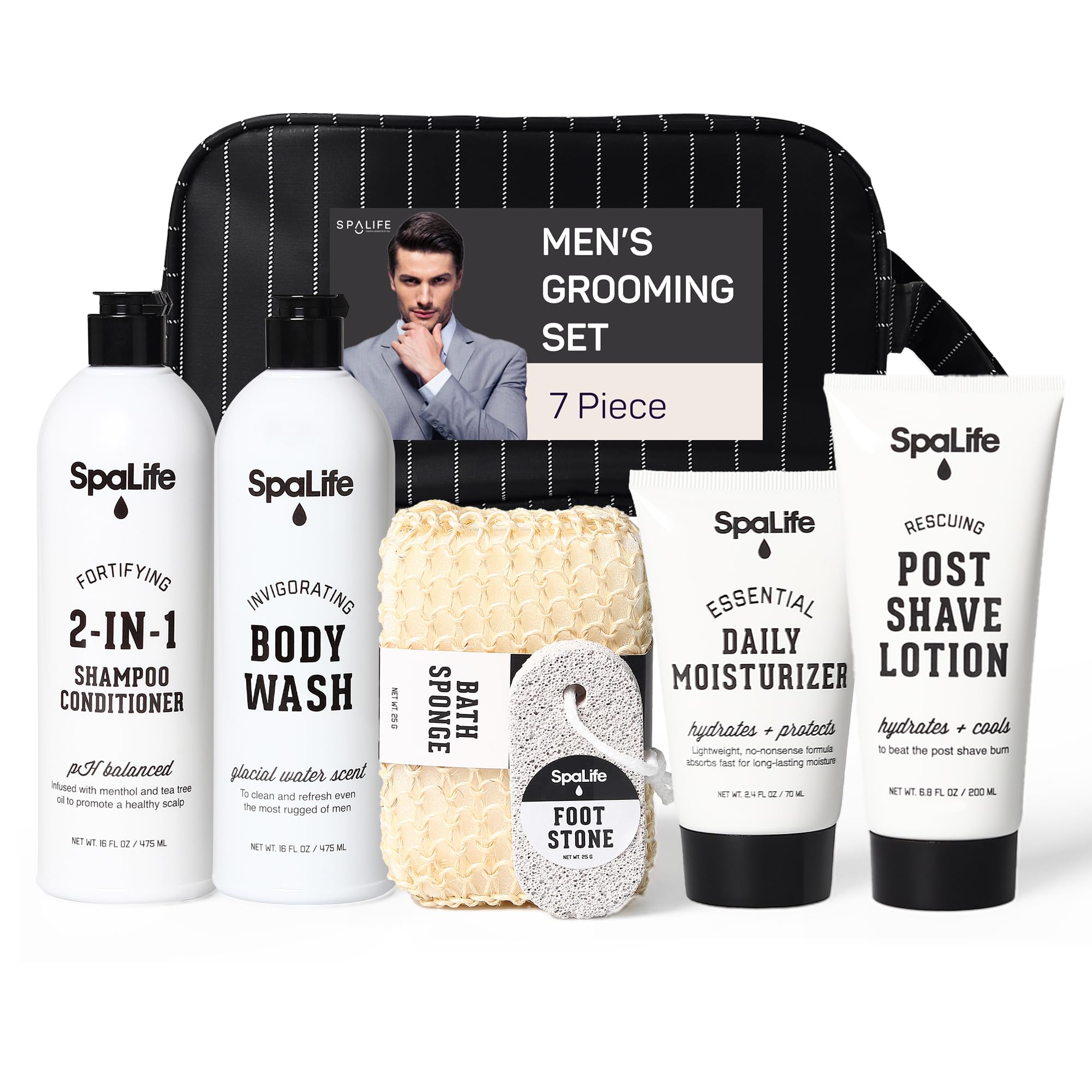 Photo 1 of SpaLife 7-Piece Bath and Body Men Grooming Gift Set - 2-in-1 Shampoo & Conditioner, Body Wash, Daily Moisturizer, Post-Shave Lotion, Bath Sponge & Foot Stone for Luxurious At-Home Spa