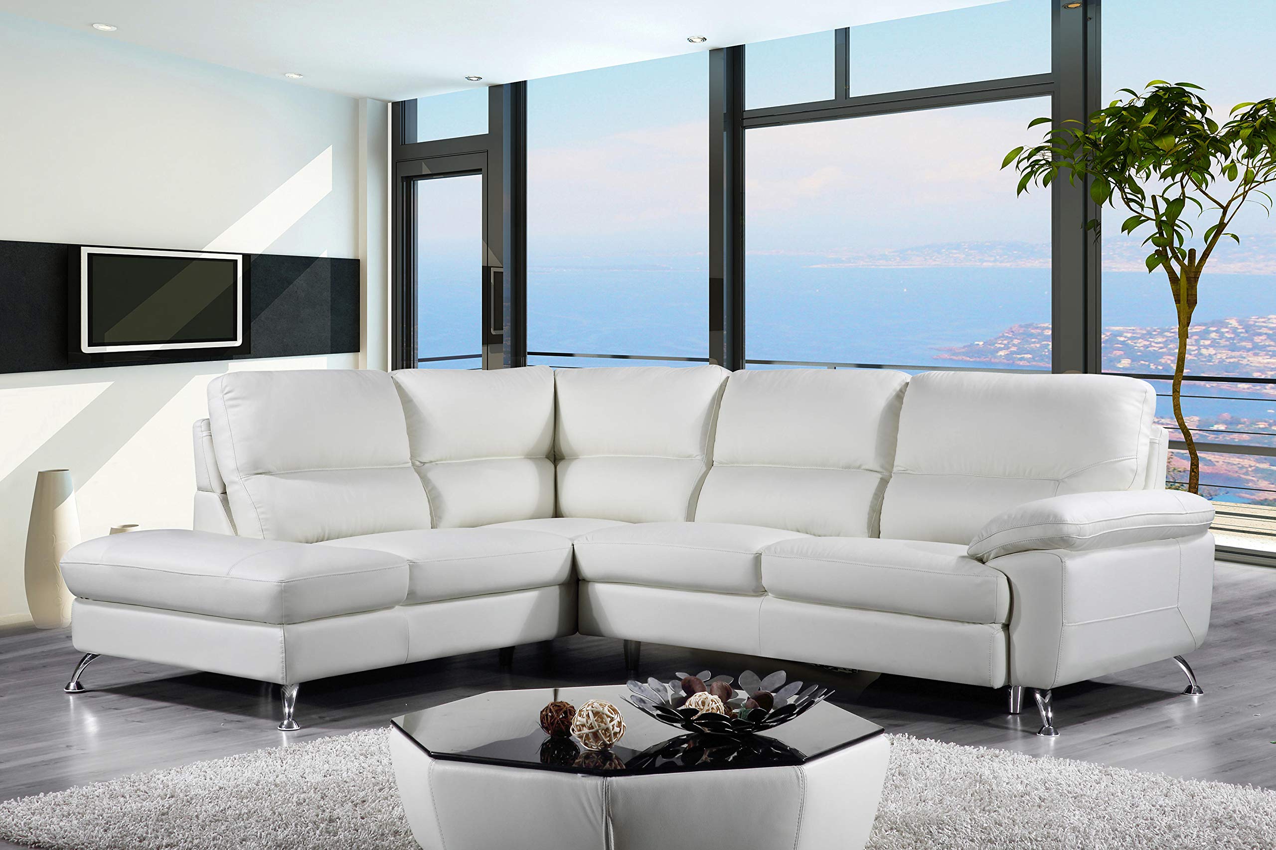 Photo 1 of ***TRUCK/TRAILER PICKUP ONLY, STOCK PHOTO FOR REFERENCE ONLY*****Cortesi Home Contemporary Miami Genuine Leather Sectional Sofa with Left Facing Chaise Lounge, Off White 80"x98"