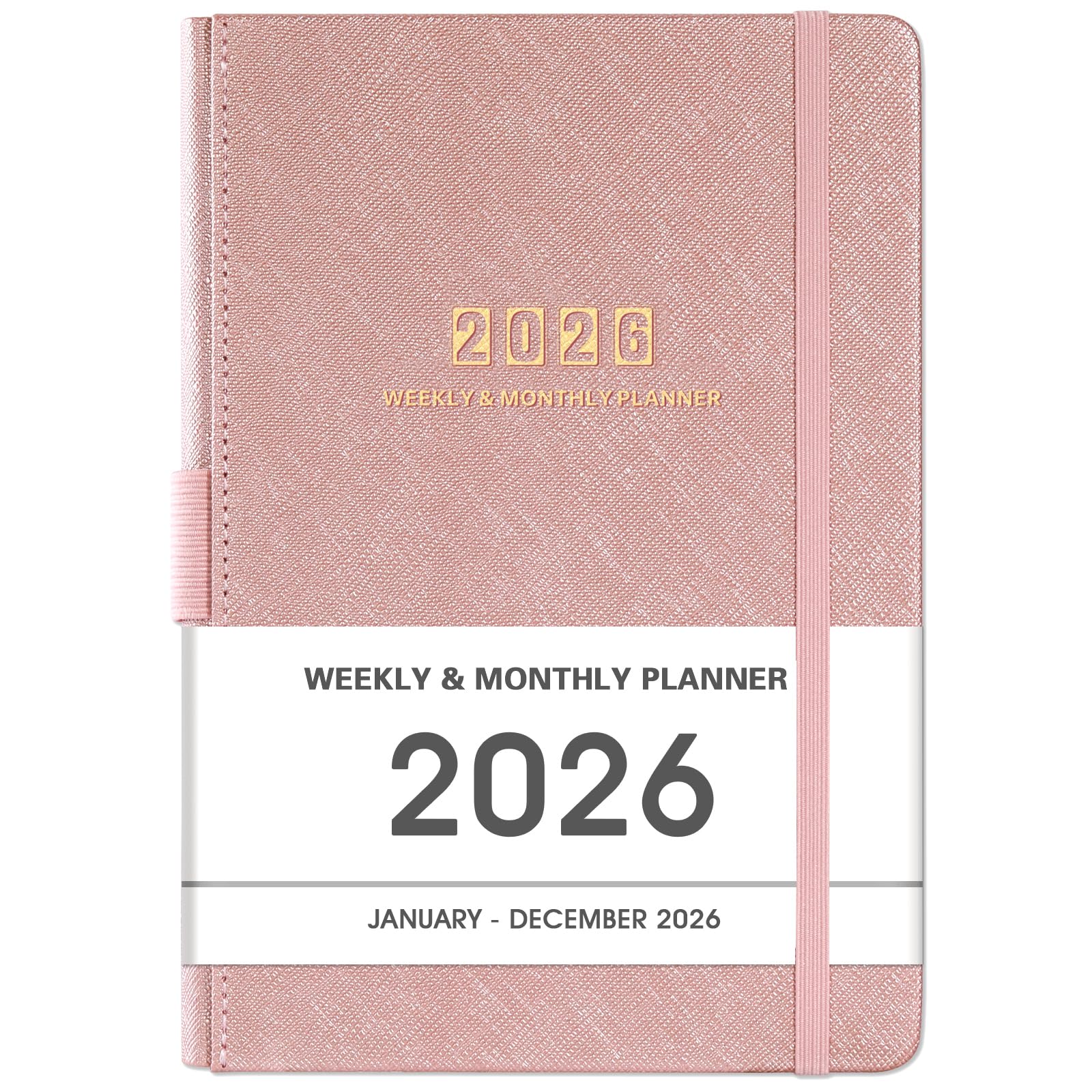 Photo 1 of 2026 Planner - Planner 2026, 2026 Planner Weekly and Monthly, 5.75" x 8.25", Jan. 2026 - Dec. 2026, Saffiano Leather with Thick Paper, Hardcover, Pen Holder, Back Pocket with Notes Pages - Rose Gold