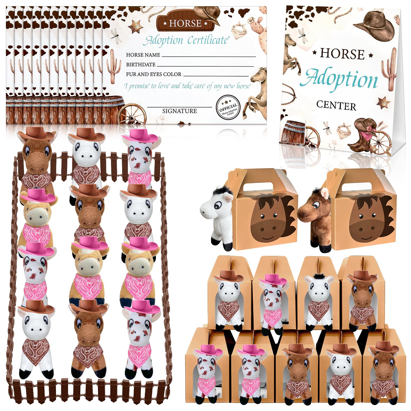 Photo 1 of 62 Pcs Adopt a Horse Animal Party Favors Include 12 Mini Stuffed Horse 12 Boxes 12 Hats 12 Scarves 12 Cards 1 Adopt Sign 1 Fence for Adopt a Grassland Animal Party Favor Pet Birthday Supply Gifts