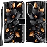 Case Wallet for Samsung Galaxy A18/A26/A17 5G, Black Flower | Kickstand, 3 Card Holder, Shockproof TPU Interior Shell, PU Leather, Magnetic Flip Cover, Lanyard Strap
