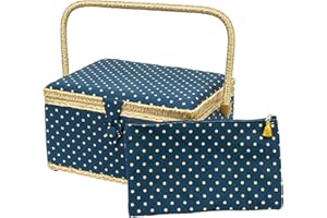 SINGER Large Sewing Basket with Matching Zipper Pouch For Sewing & Organization On-The-Go (Polka Dot Print)