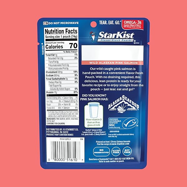 STARKIST SKINLESS AND BONELESS PINK SALMON IN WATER, 2.6 OZ POUCH