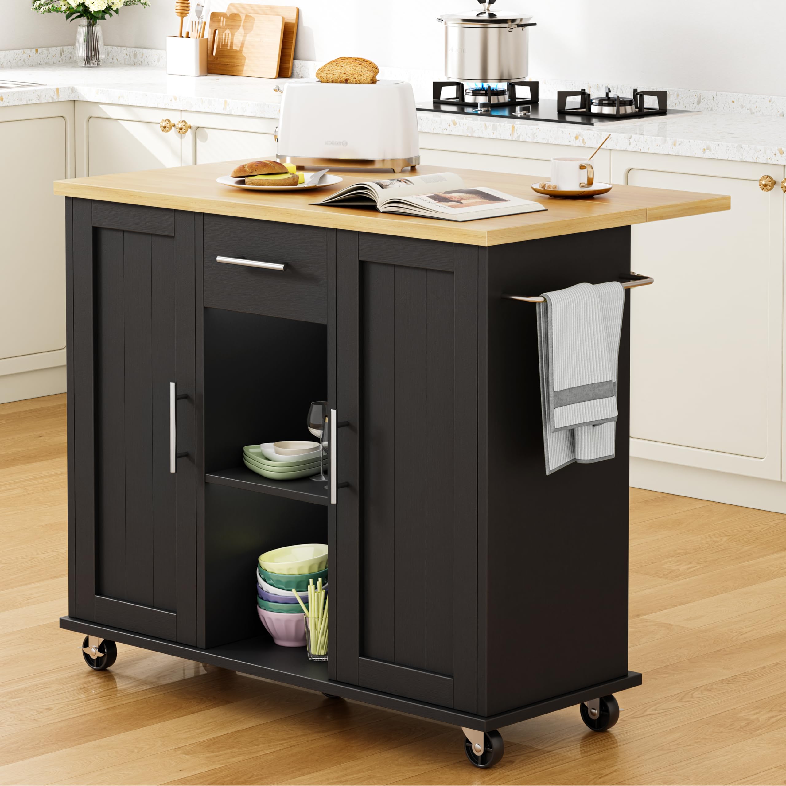 Photo 1 of Shintenchi Kitchen Island with Storage, Bar Cart Cabinet Island Table on Wheels, Rolling Microwave Cart for Kitchen with Drop Leaf, Drawers, Towel Rack, Seating Area for Dining Room, Black