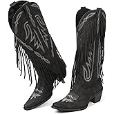 Grakihily Cowgirl Boots for Women Retro Pointed Toe Pull On Block Chunky Heel Embroide Tassel Country Concert Outfits Mid Calf Western Fringe Cowboy Boots