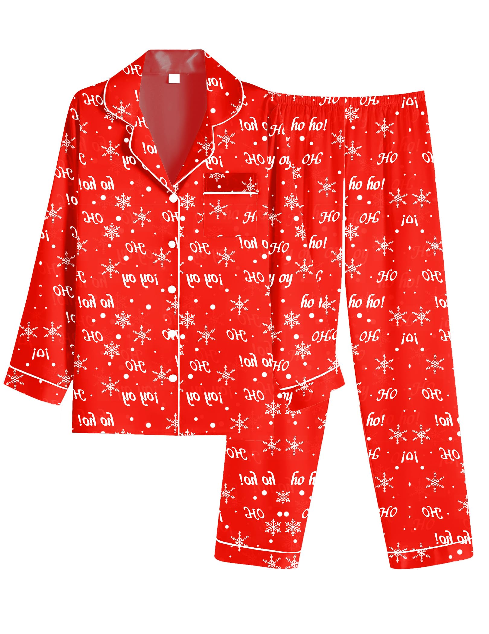 Ekouaer Women Satin Pajamas Set Classic Button Down Long Silk Pjs Set,X-Large,Red Alphabet Chirstmas Image
