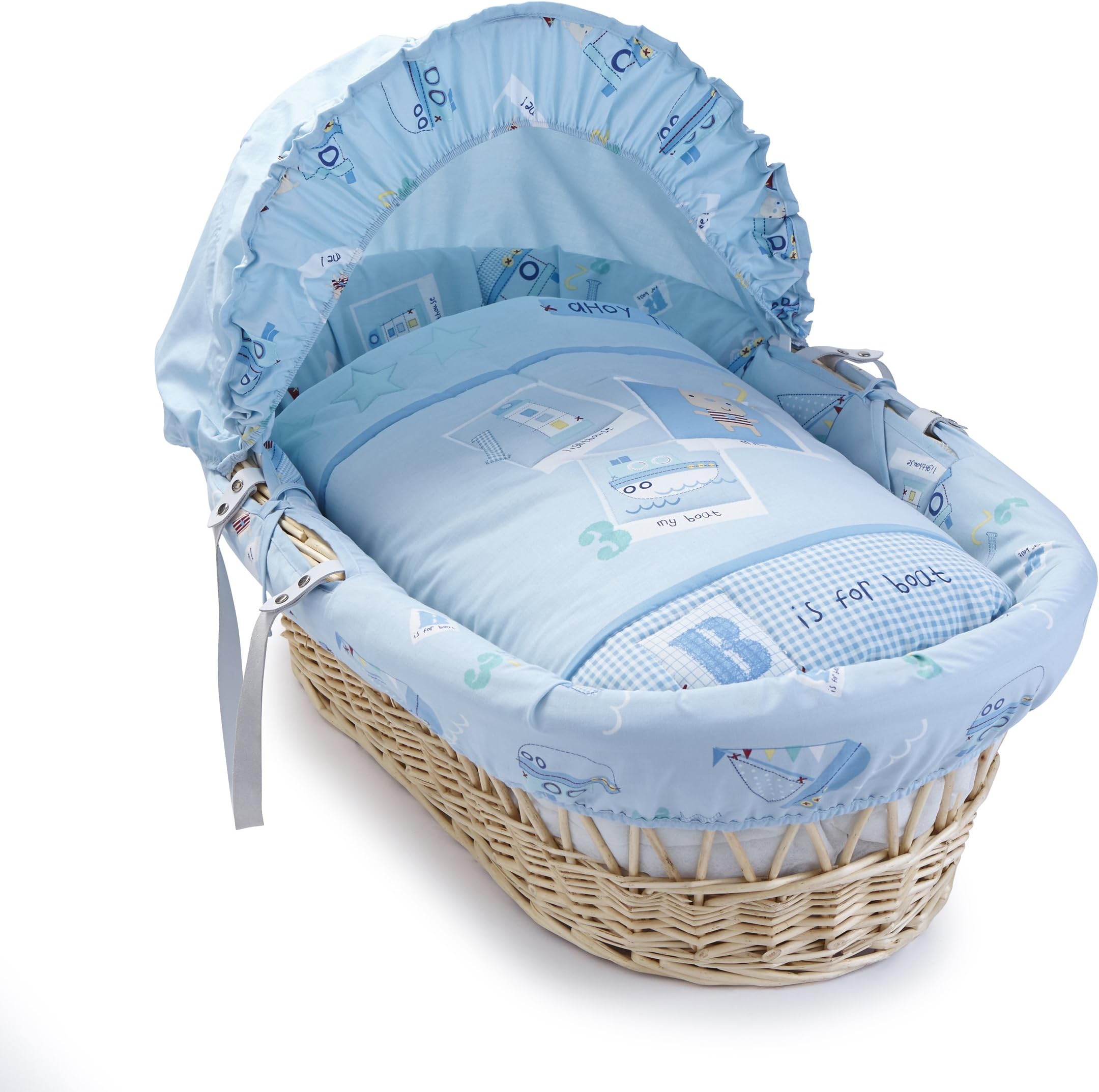 Clair de Lune Ahoy Natural Wicker Moses Basket inc. Bedding, Mattress & Adjustable Hood (Blue)