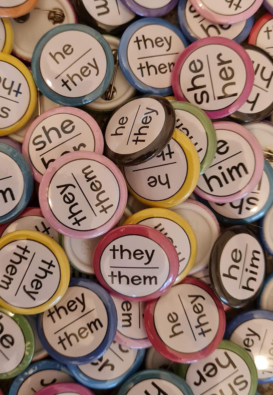 Pronoun badges in bulk packs of 10+ 25mm (1 inch) button pin badges