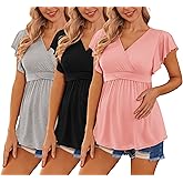 Ekouaer Maternity Shirts 3 Packs Flying Short Sleeve Nursing Tops Pregnancy Clothes