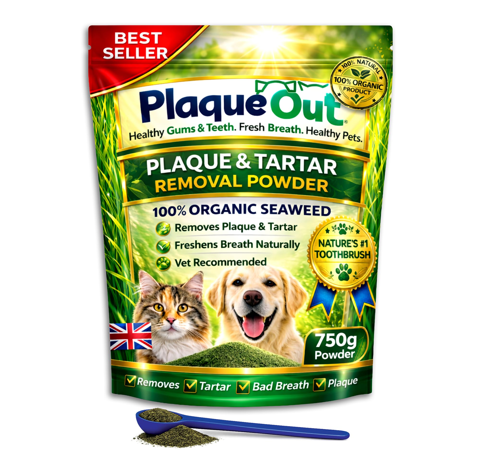 PLAQUE OUT 750g Pouch - Plaque Off Remover - 100% Natural and Organic Seaweed Powder for Dogs & Cats - Dog Teeth Cleaning, Plaque Removal, Pet Dental Care, Bad Breath, Gum Care and Tartar Control