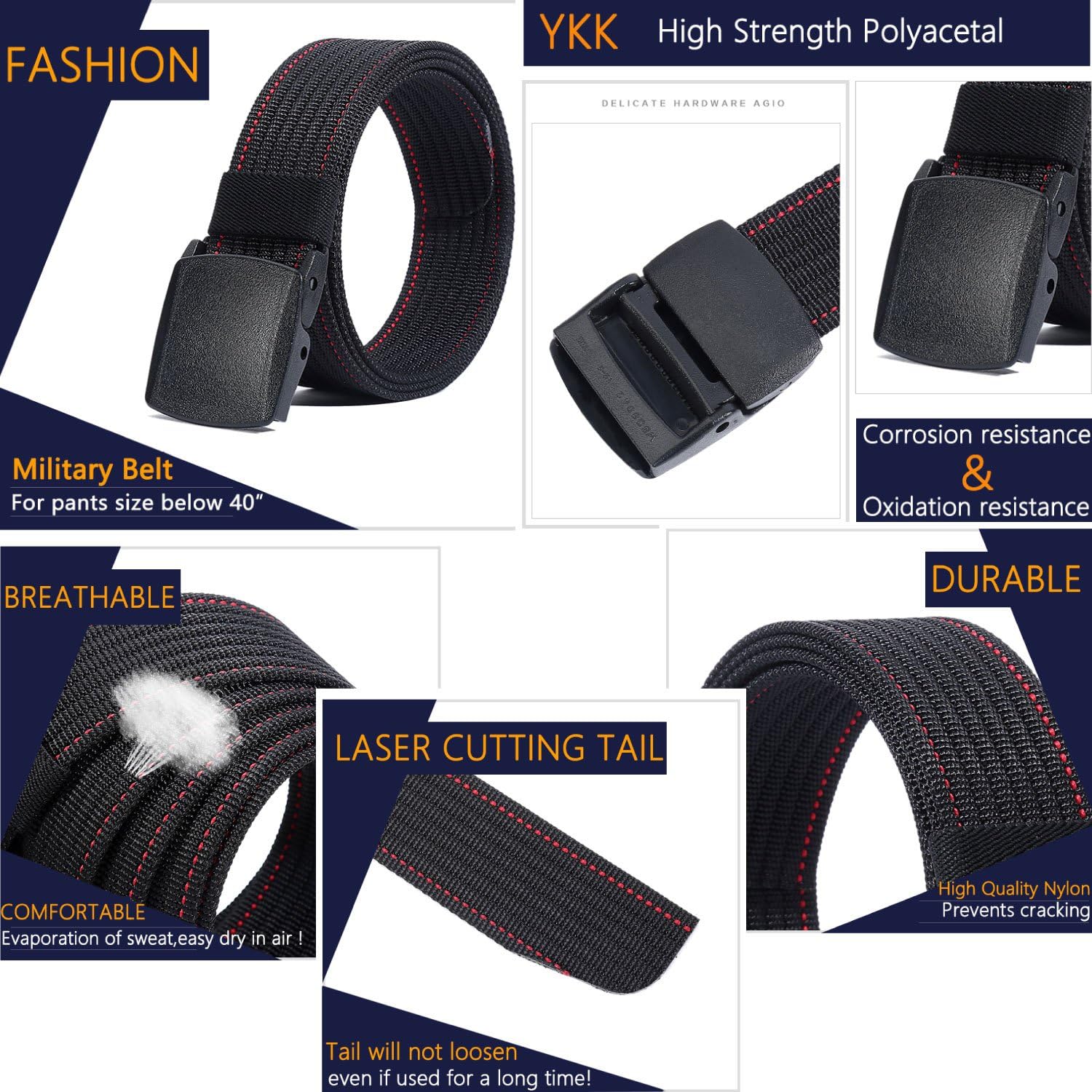 LionVII Men Nylon Belt Tactical Military Style with Plastic Buckle,Durable Breathable Canvas Strap Adjustable Trim to Fit 28-49" Waist(Black Red Line) - Image 5