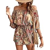 Milumia Women's Off The Shoulder Romper Boho Elastic Waist Shorts Jumpsuit Dressy Casual Vacation Outfits