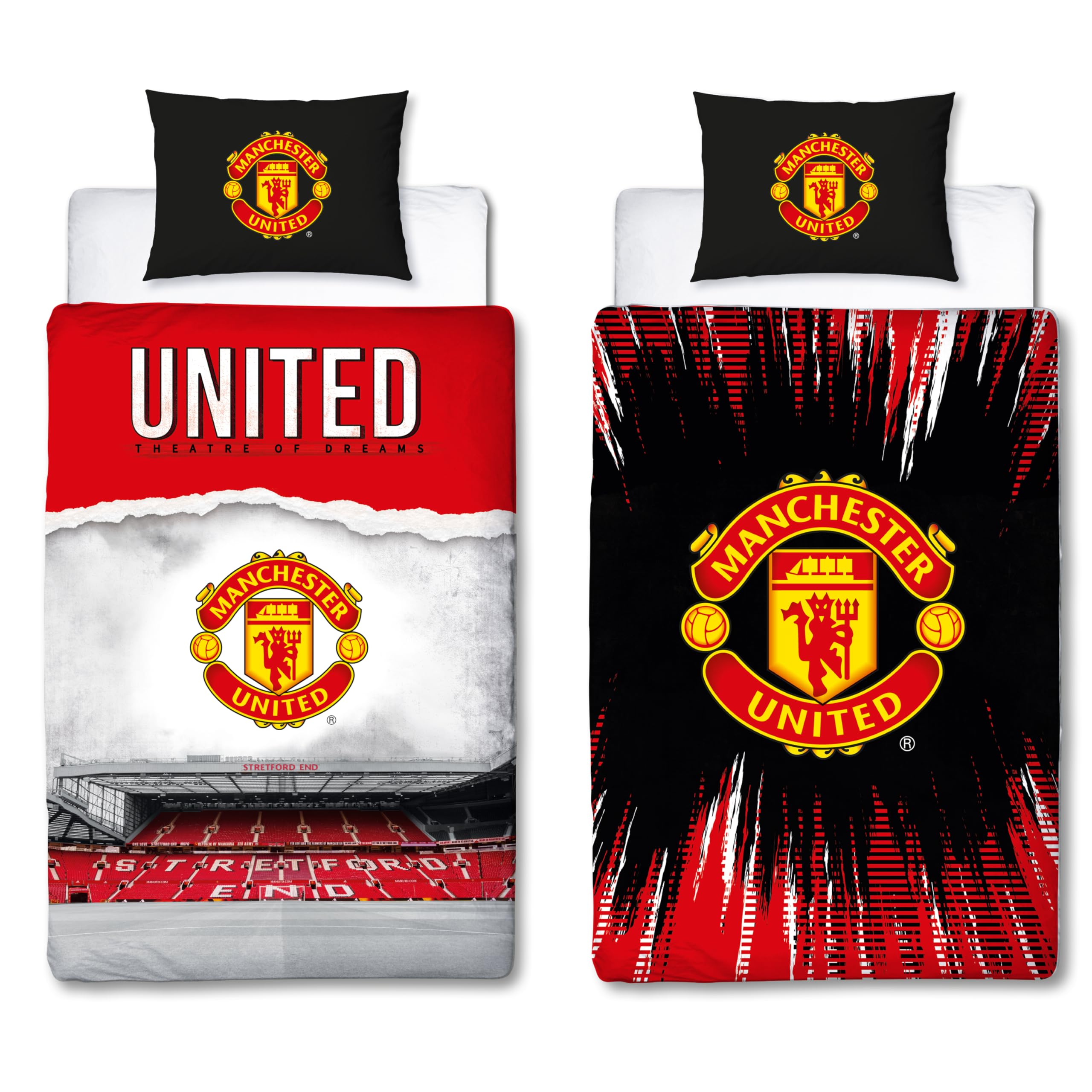 Manchester United FC Official Single Duvet Cover Set, Theatre Design | Red Reversible 2 Sided Football Stadium Bedding Cover Official Merchandise Including Matching Pillow Case