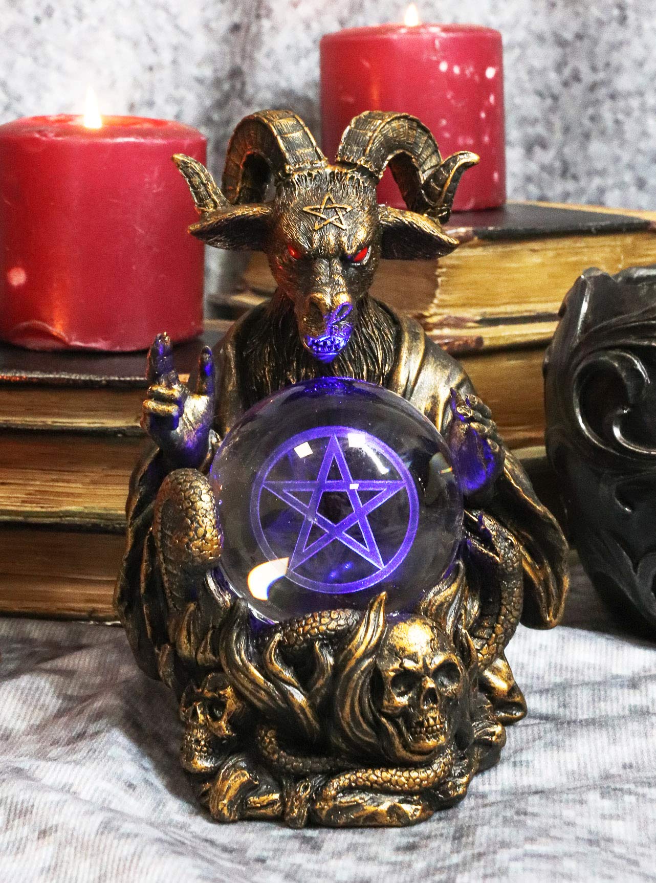 Ebros Sabbatic Goat of Mendes Samael Lilith Baphomet Holding Pentagram Sigil LED Gazing Scrying Ball Decorative Statue 6.5" Tall LaVeyan Satanic Devil Cult Serpent Skulls Gazing Balls Accent