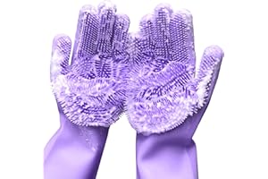 ALPENKOK Silicone Dishwashing Gloves for Washing Dishes - Reusable Rubber Gloves for Cleaning The Home Dish Gloves for Dish Wash Pet Care Car Washing - Kitchen Cleaning Scrubber 1 Pair Purple Cleaning Gloves