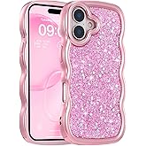 FABSPARK Case for iPhone 16 Plus,Crystal Diamond Rhinestone Shiny Bling Sparkly Glitter,Glossy Luxury Electroplated Curly Wavy Frame Wave Case,Aesthetic Cute for iPhone 16 Plus,Pink