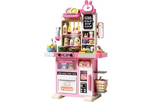 EOHEMERAL 33.8IN Kids Kitchen Playset, 63 PCS Kid Play Kitchen with Realistic Lights & Sounds, Spray Sink Toy Kitchen Accessories, Pretend Food Toys Kitchen for Boys Girls Toddlers(Pink)