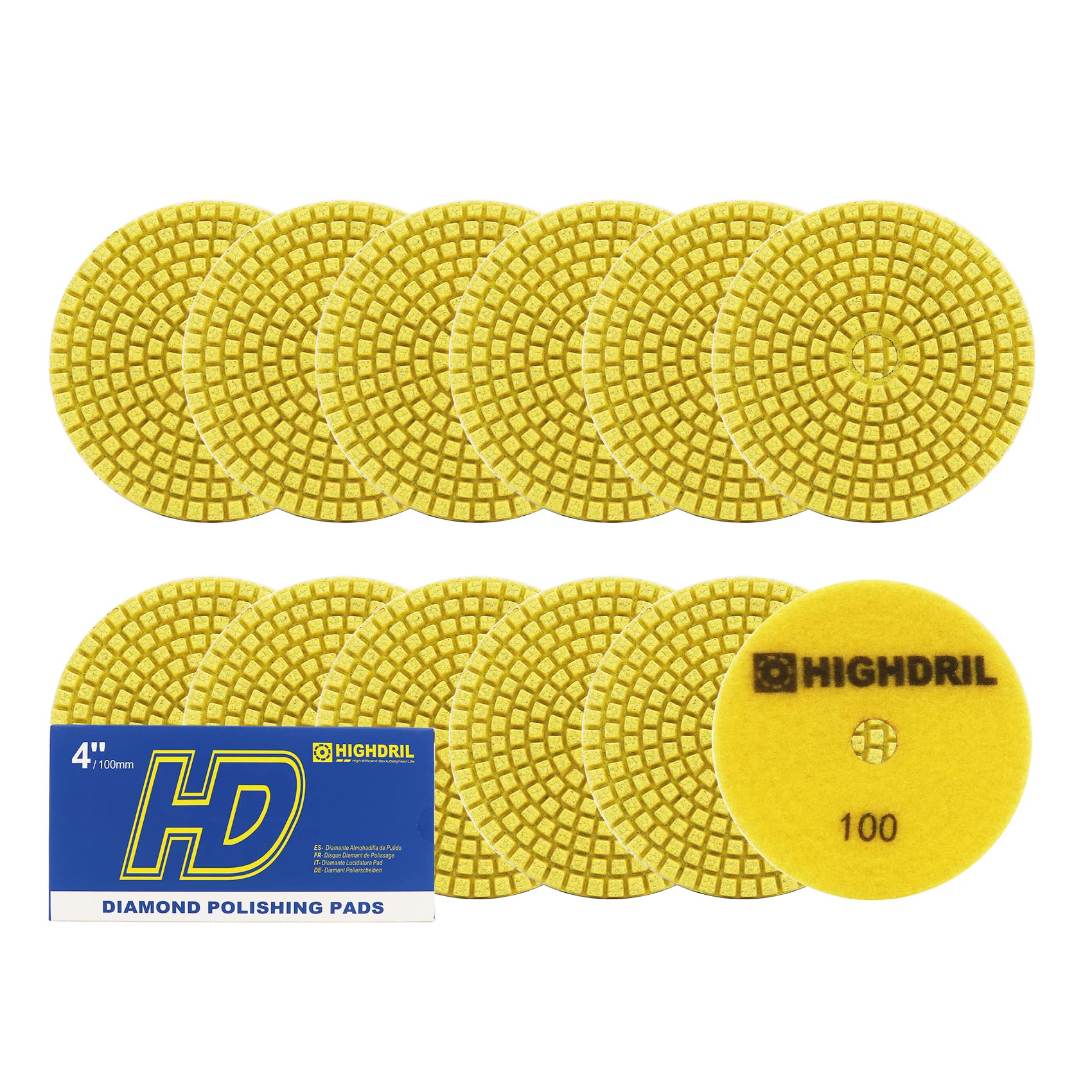 Wet Diamond Polishing Pads,HIGHDRIL 12pcs 100MM #100,for Granite Marble Sanding Used on Grinder or Polisher